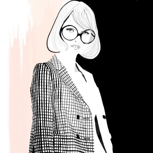 Black and white illustration of woman wearing glasses