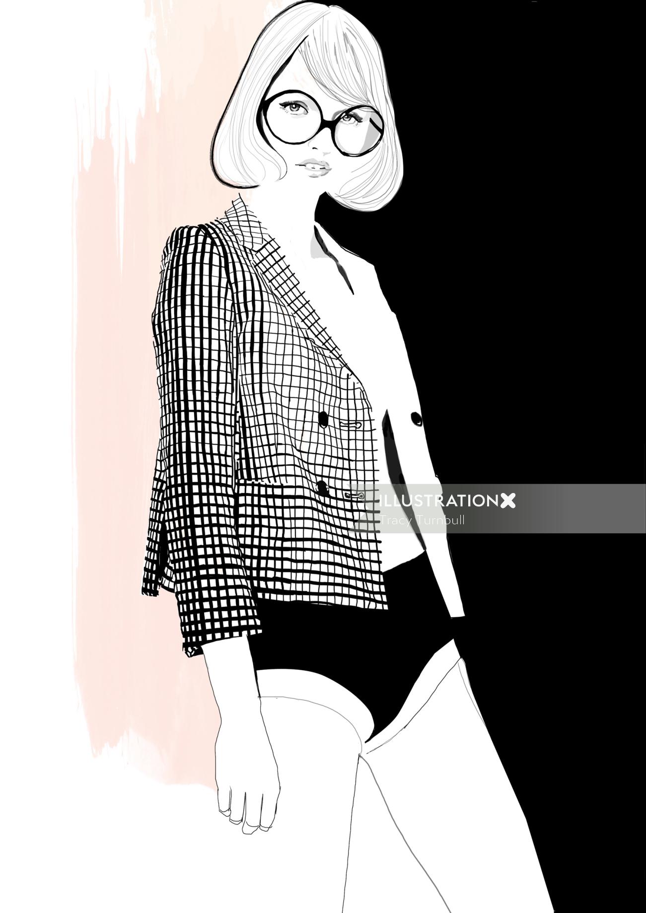 Illustration noir et blanc d&#39;une femme portant des lunettes