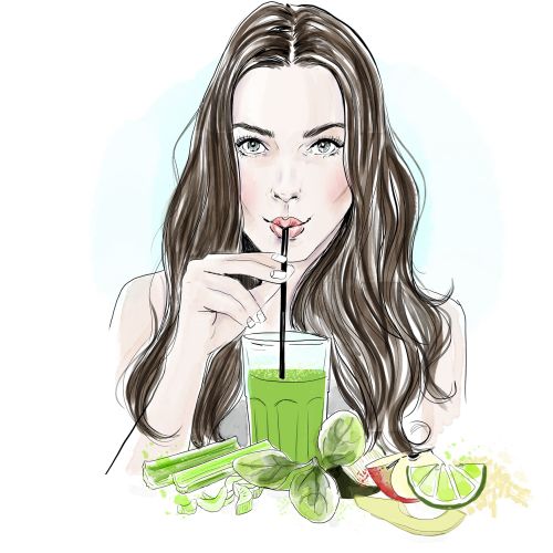 long haired girl drinking healthy vegetable juice