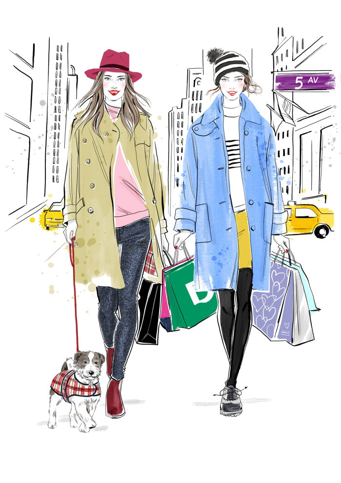 Moças na cidade com roupas da moda e sacolas de compras