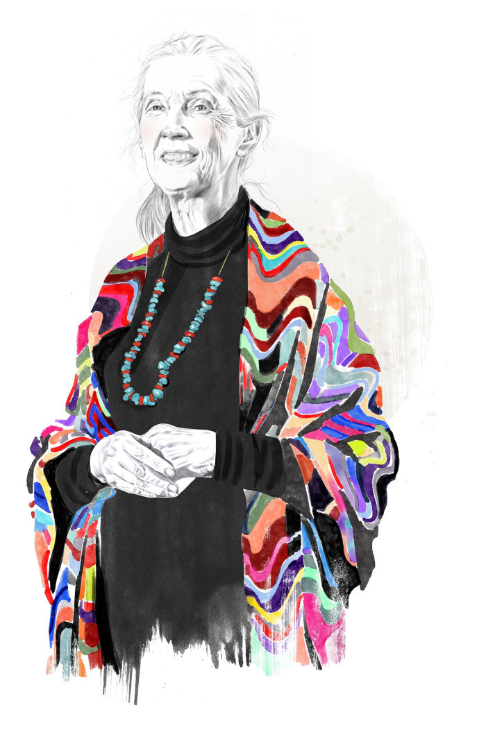 Ilustração de retrato editorial de Jane Goodall para Readers Digest US