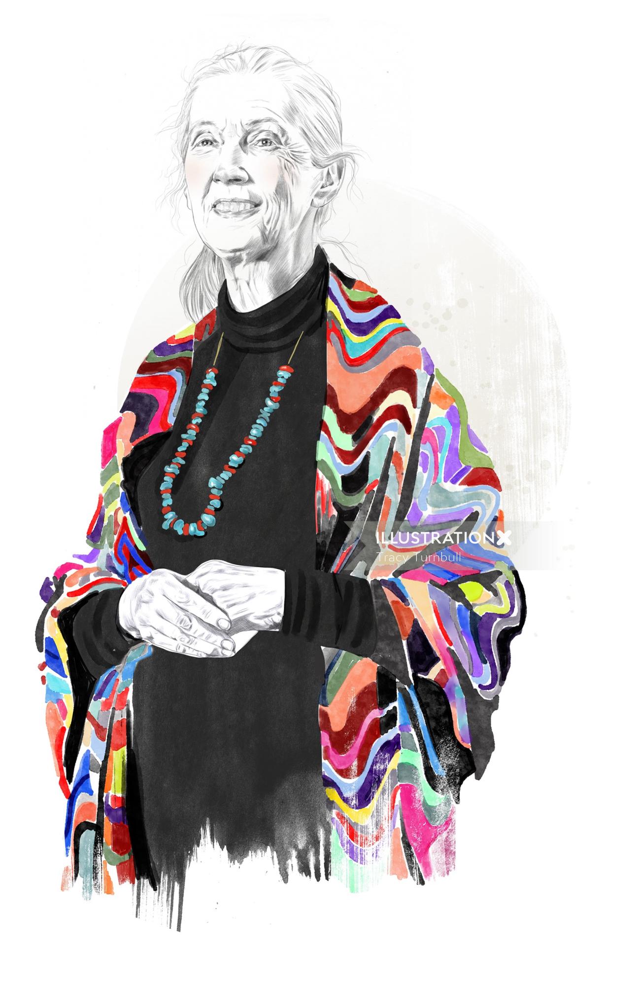 Jane Goodall editorial portrait illustration for Readers Digest US