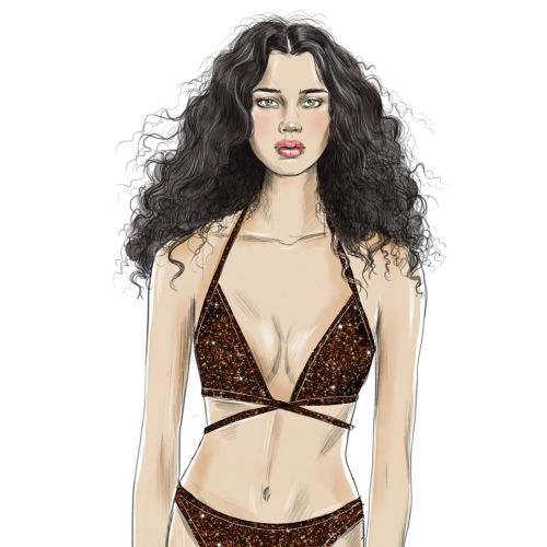 Model in trendy swimsuit Illustration by Tracy Turnbull