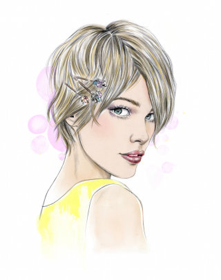 Ilustración de moda de una joven con un corte de pelo moderno.