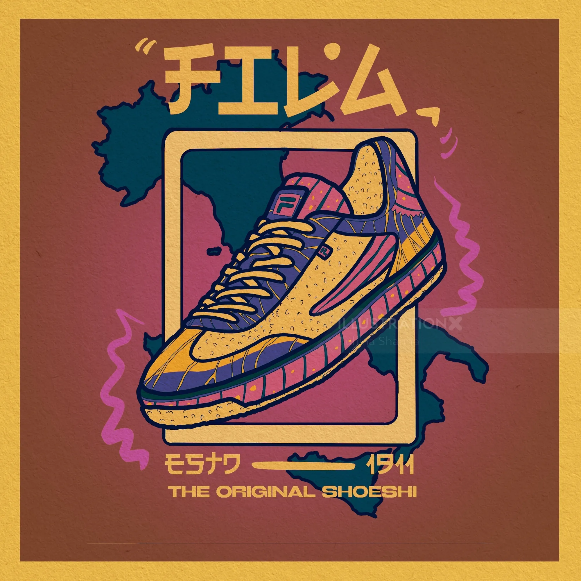 Unique sneaker illustration blending global cultural visuals