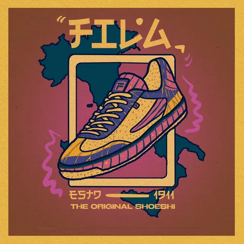 Unique sneaker illustration blending global cultural visuals