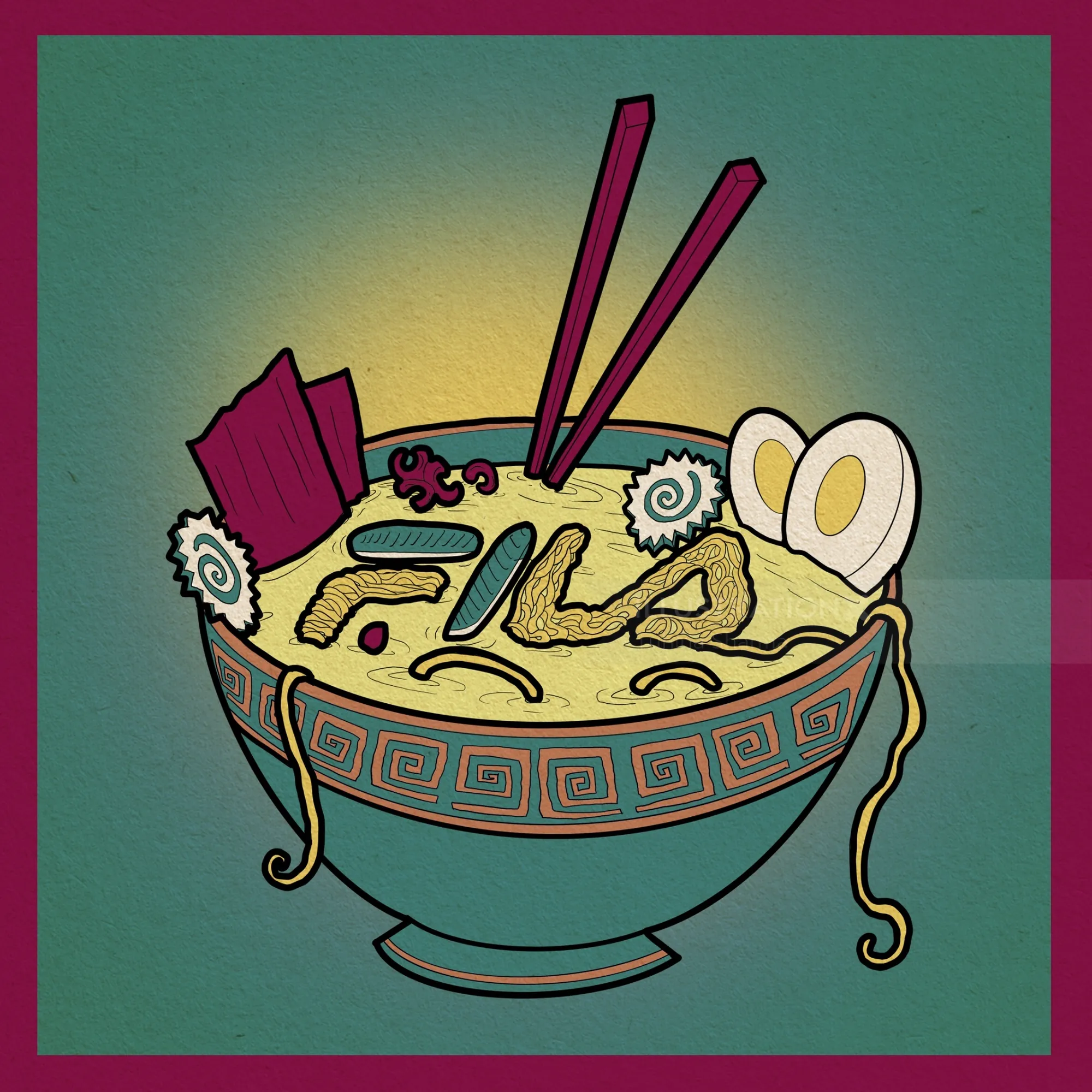 Creative ramen bowl design with detailed noodles and toppings