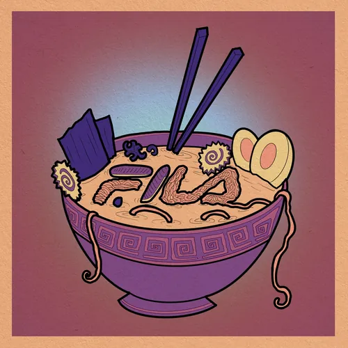 Japanese food artwork featuring ramen with detailed ingredients