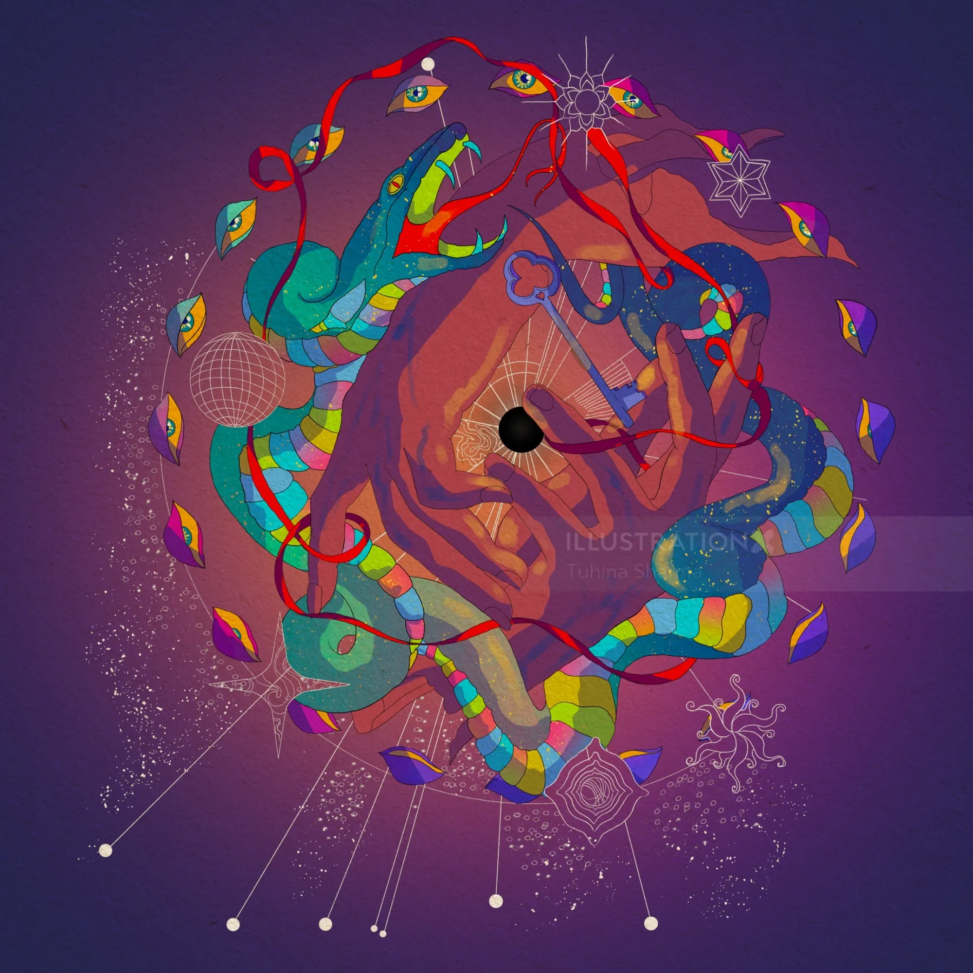Psychedelic art with hands snakes and symbolic eyes
