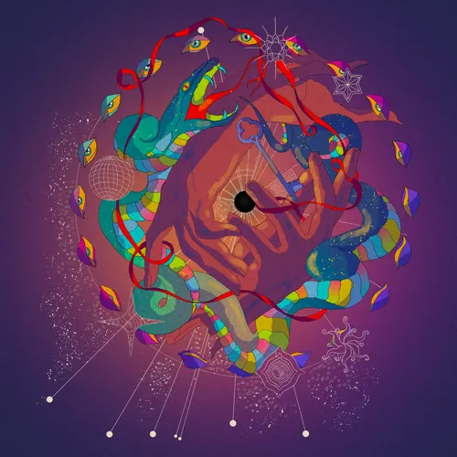 Psychedelic art with hands snakes and symbolic eyes