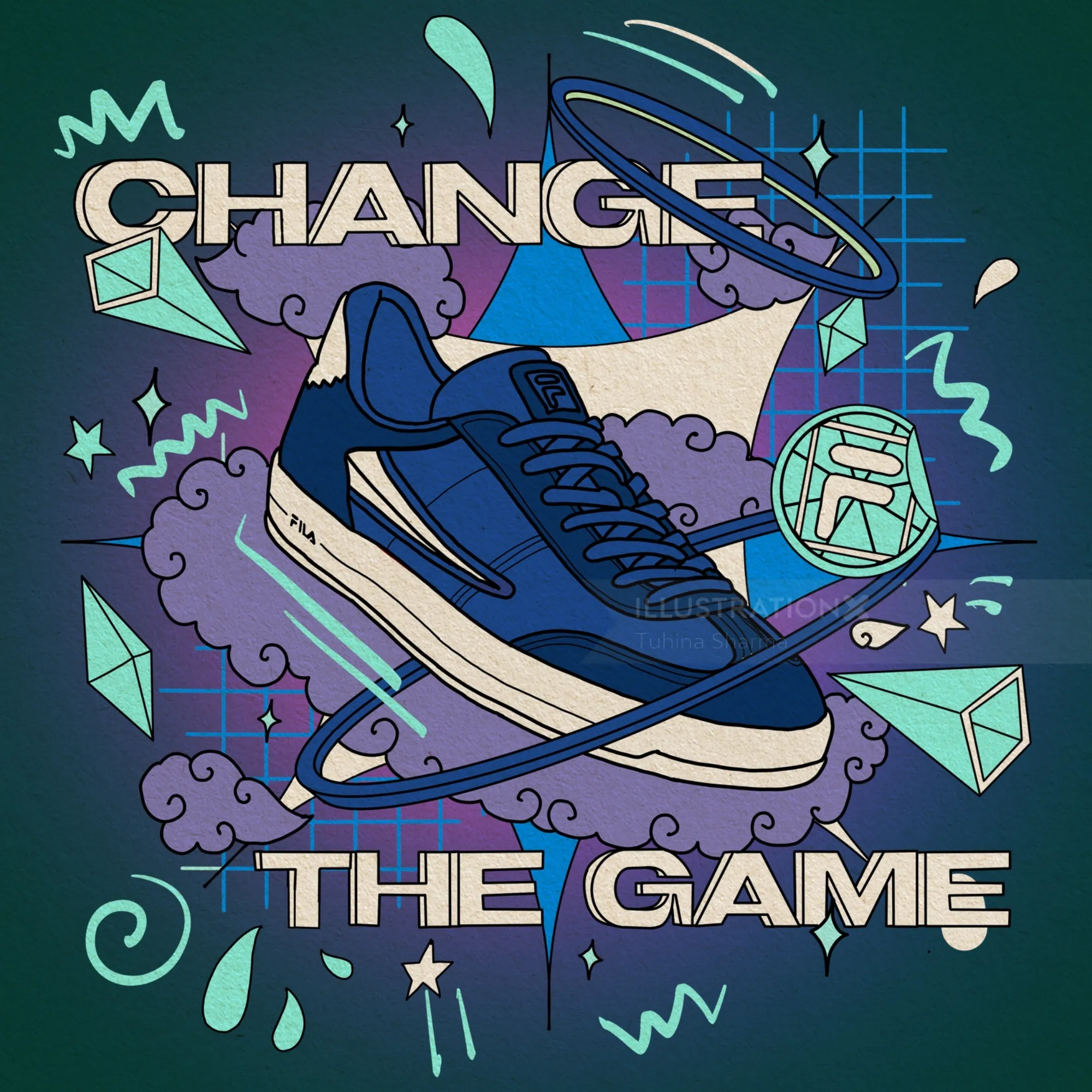 Blue sneaker with 'Change The Game' text illustration by Tuhina Sharma