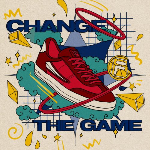 Red sneaker surrounded by geometric shapes and 'Change The Game' text by Tuhina Sharma