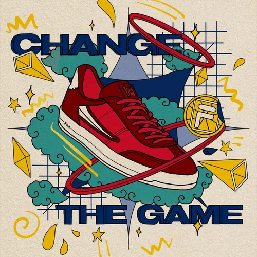 Red sneaker surrounded by geometric shapes and 'Change The Game' text by Tuhina Sharma