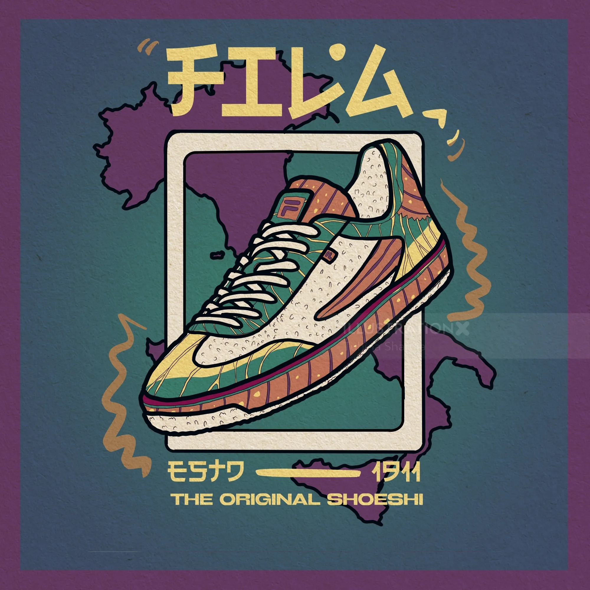 Colorful sneaker illustration with map and Japanese text by Tuhina Sharma