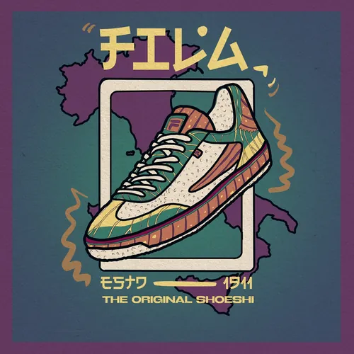 Colorful sneaker illustration with map and Japanese text by Tuhina Sharma
