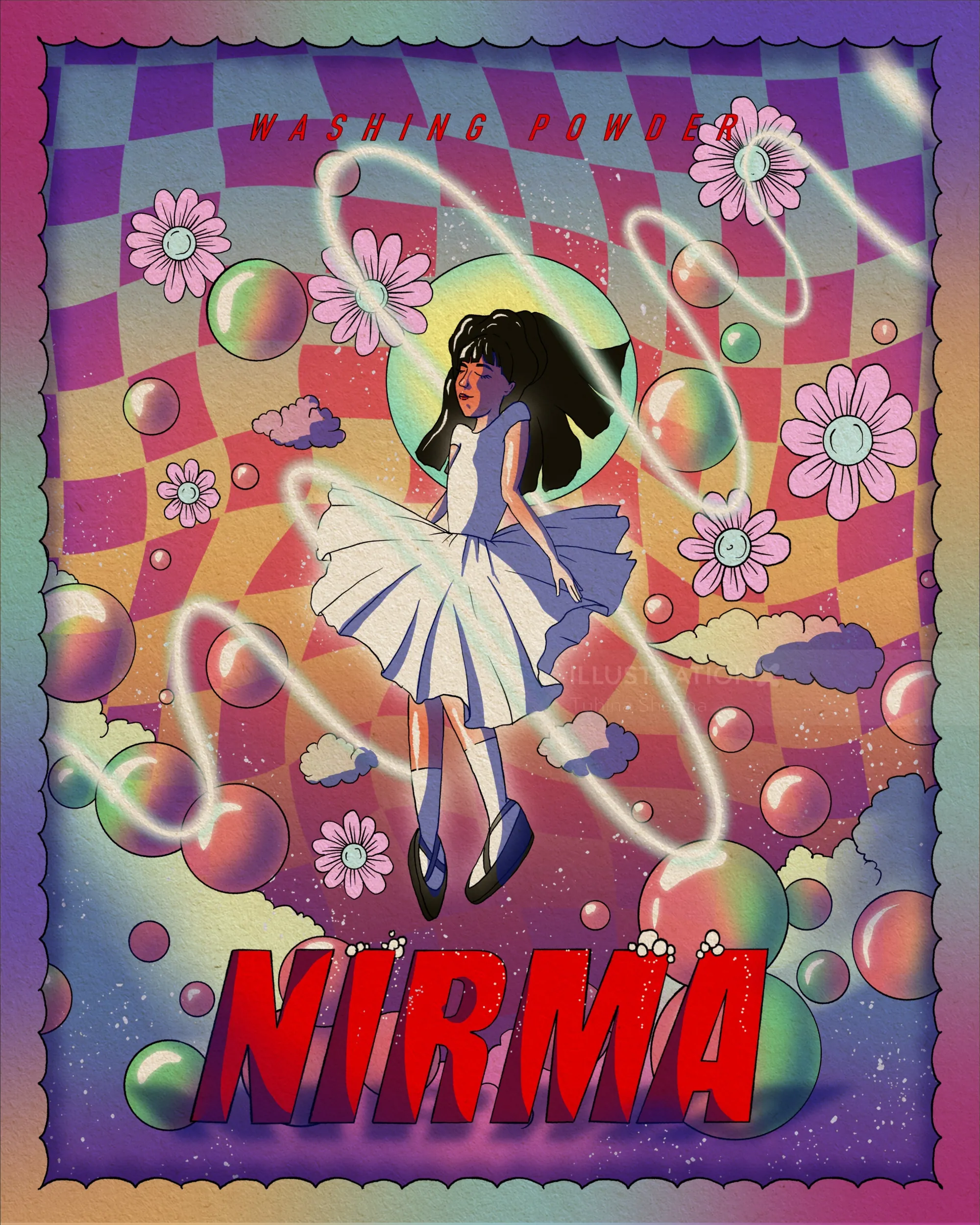 Whimsical girl wearing a white dress surrounded by flowers and bubbles by Tuhina Sharma