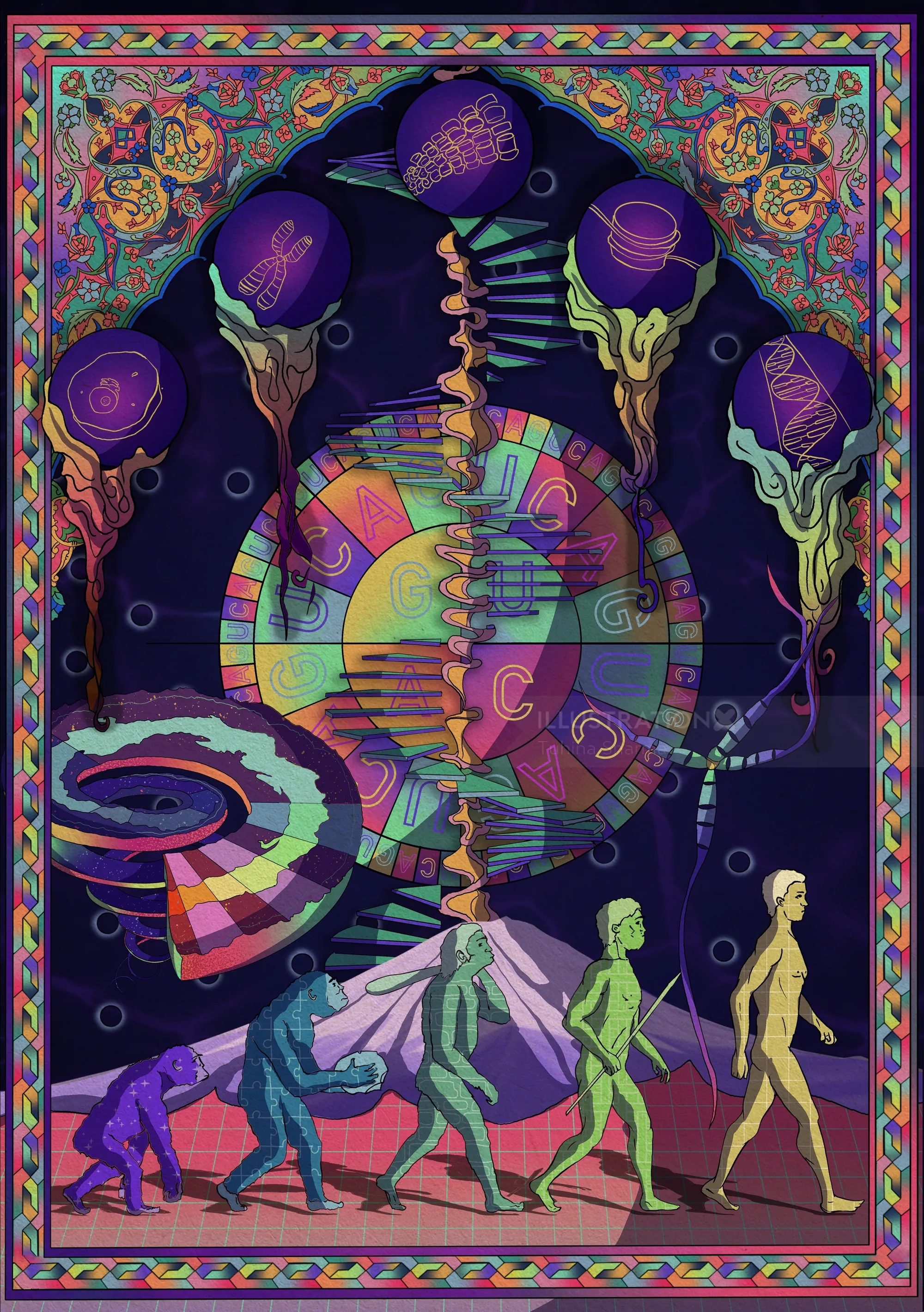Depiction of human growth using abstract and celestial visuals