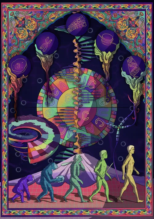 Depiction of human growth using abstract and celestial visuals