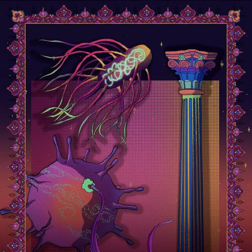 Abstract microorganisms with classical column in dark surreal setting