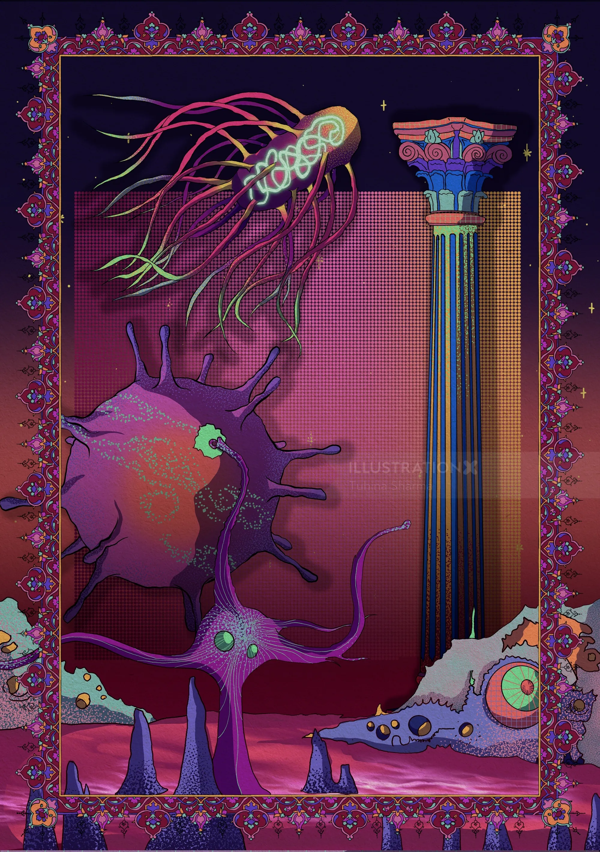 Abstract microorganisms with classical column in dark surreal setting