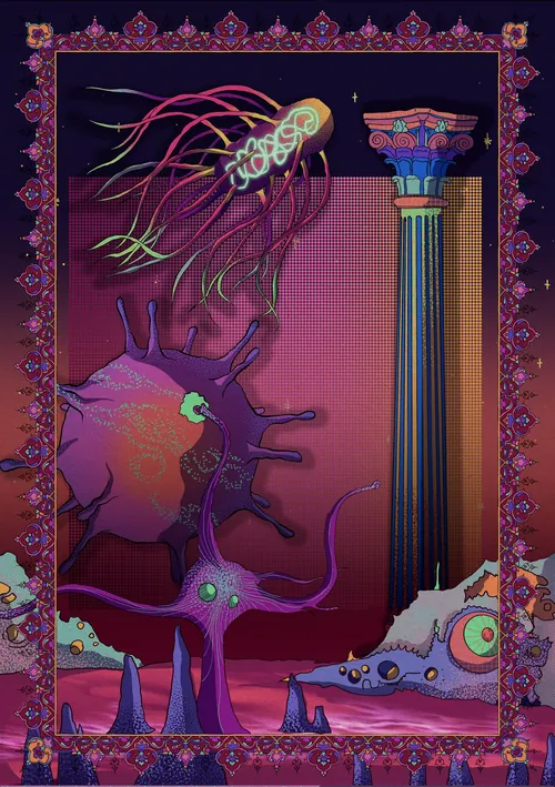 Abstract microorganisms with classical column in dark surreal setting