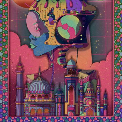 Portrait featuring planets and detailed structures