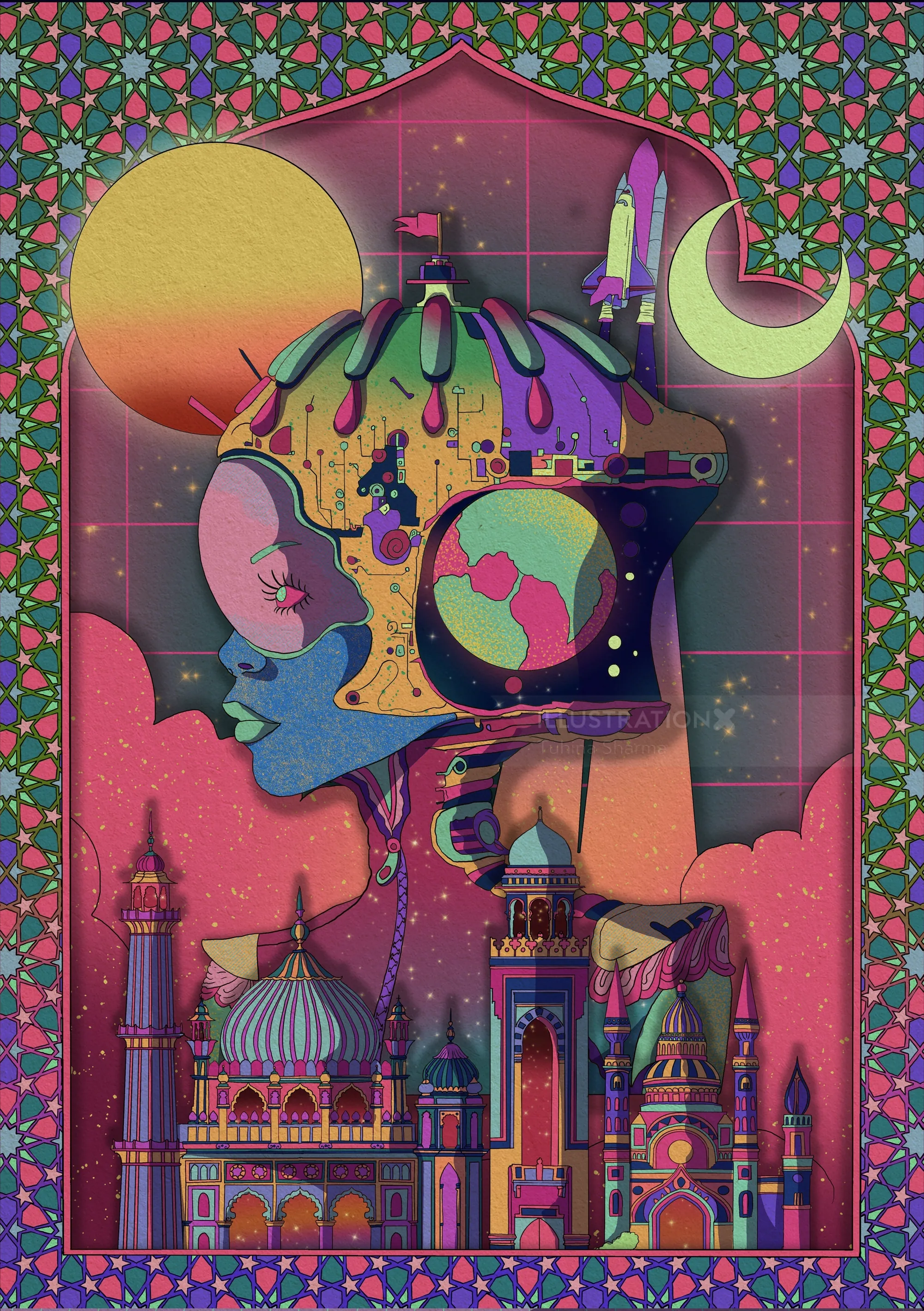 Portrait featuring planets and detailed structures