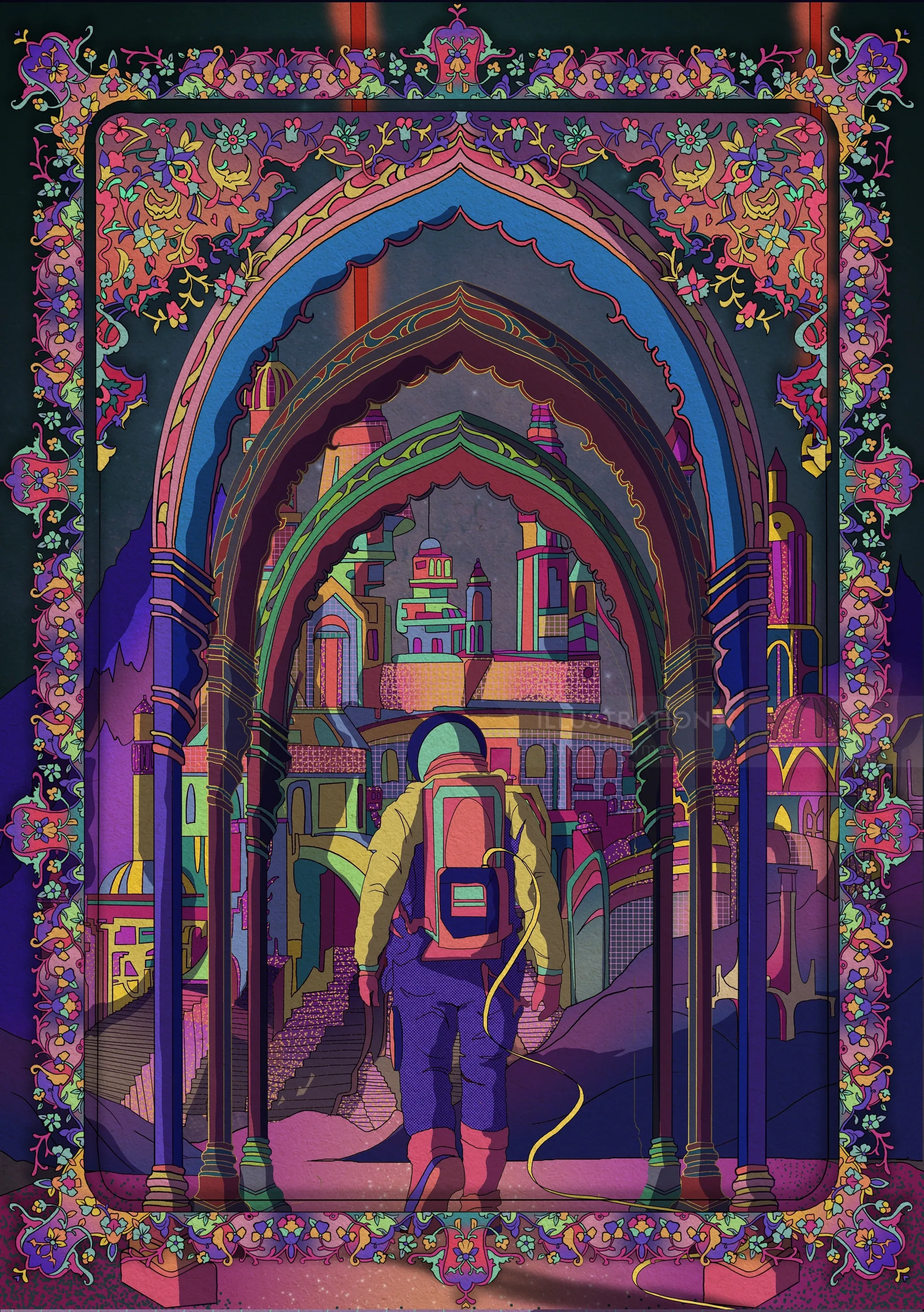 A person standing under colorful arches with intricate floral patterns by Tuhina Sharma