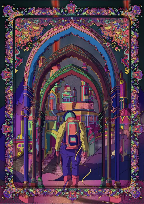 A person standing under colorful arches with intricate floral patterns by Tuhina Sharma