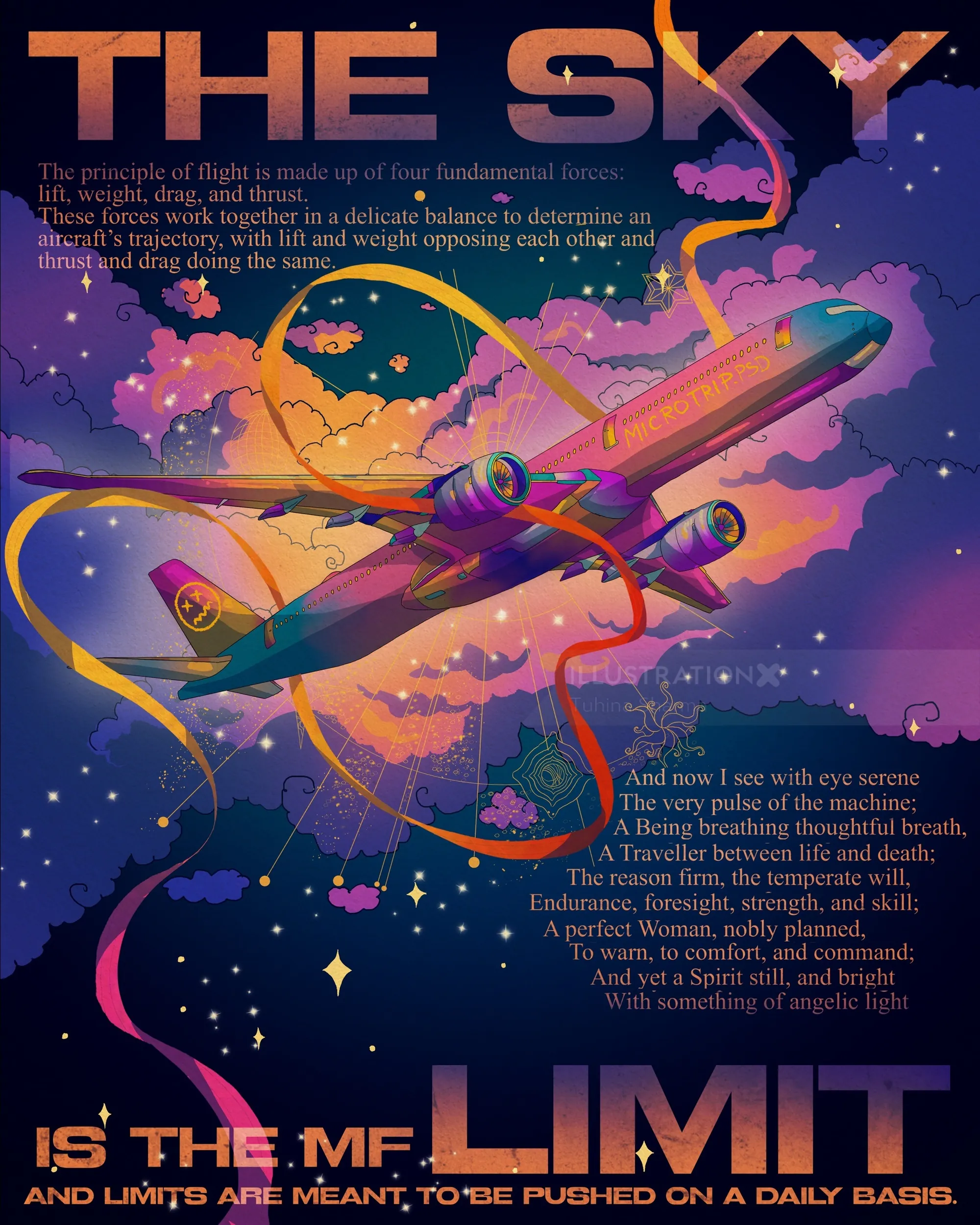 Educational aviation artwork explaining how airplanes fly