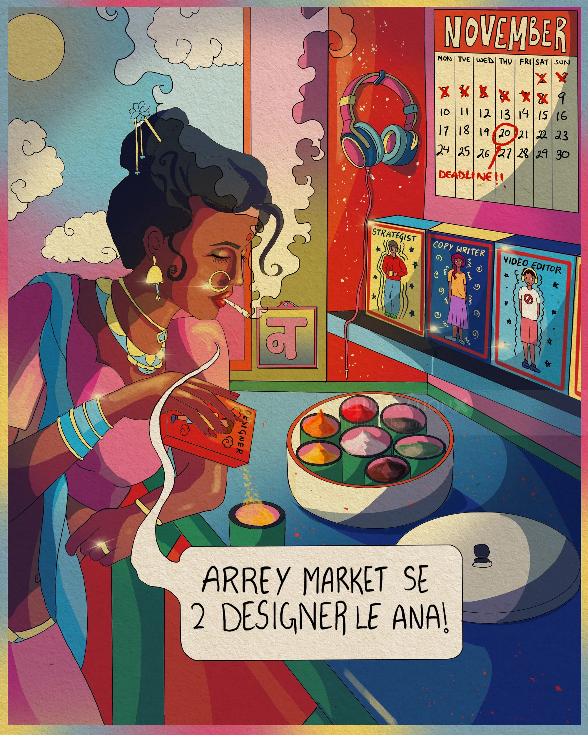 Woman shopping for sarees in market, calendar in background by Tuhina Sharma