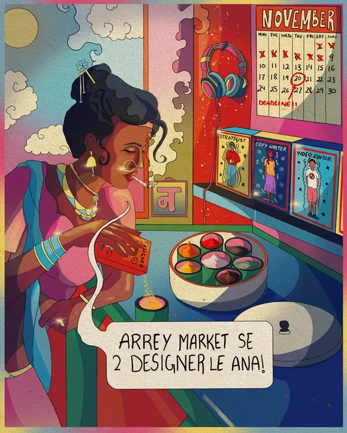 Woman shopping for sarees in market, calendar in background by Tuhina Sharma