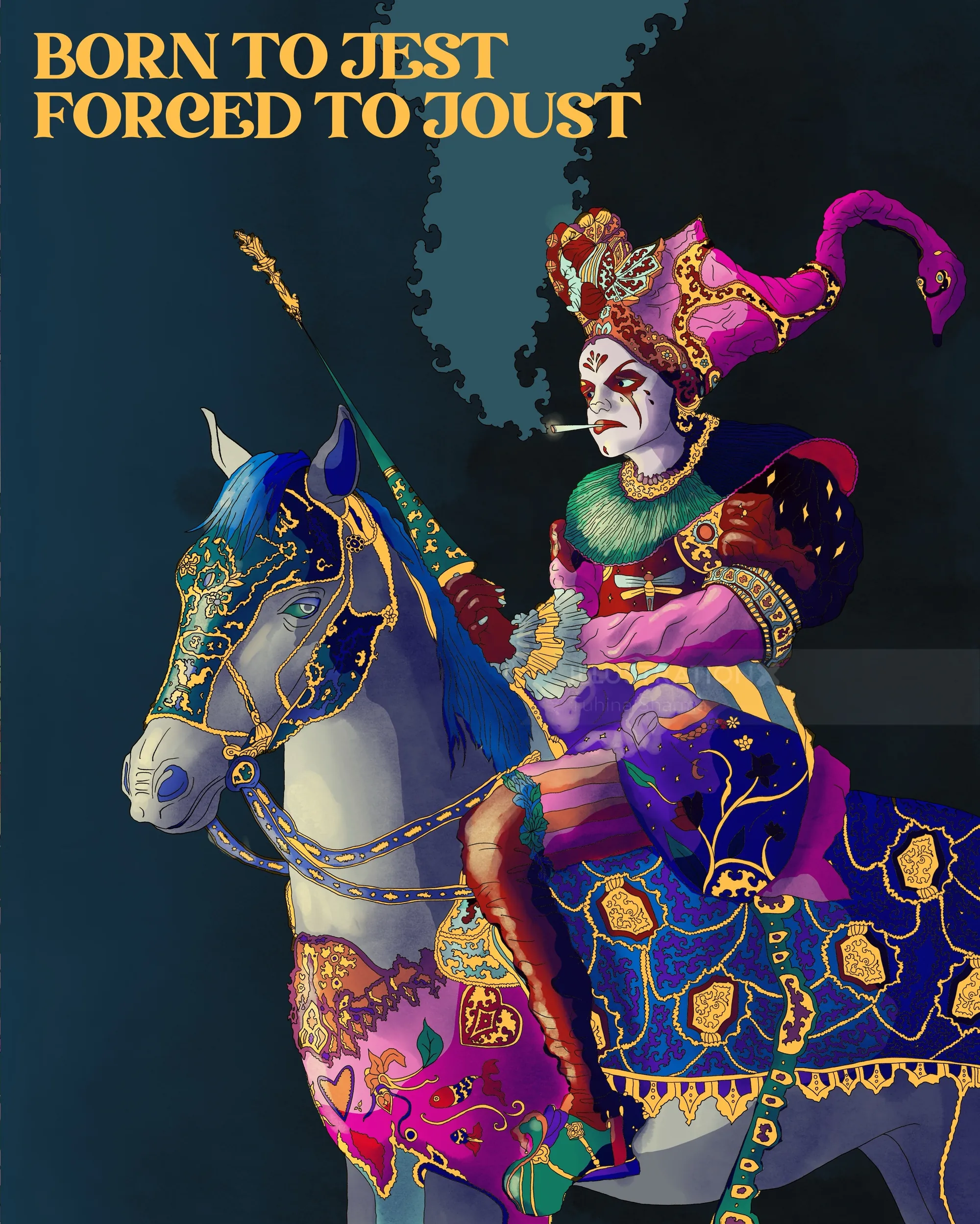 Humorous artwork with court jester and jousting theme