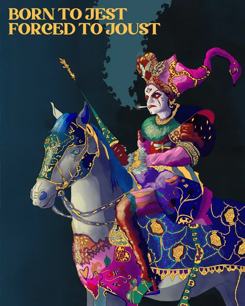 Humorous artwork with court jester and jousting theme