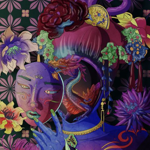 Surreal portrait with dragon and mask, vibrant floral background by Tuhina Sharma