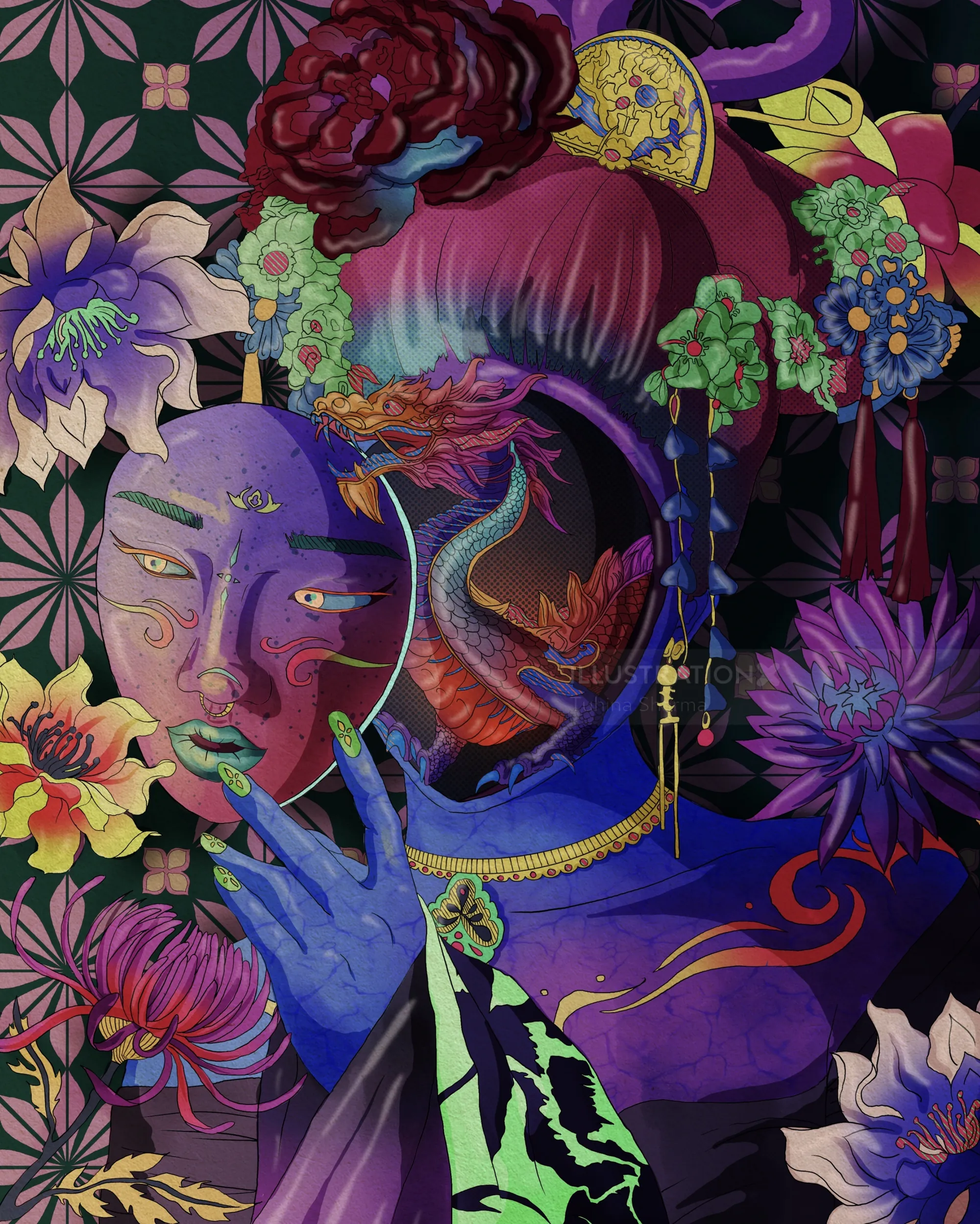 Surreal portrait with dragon and mask, vibrant floral background by Tuhina Sharma