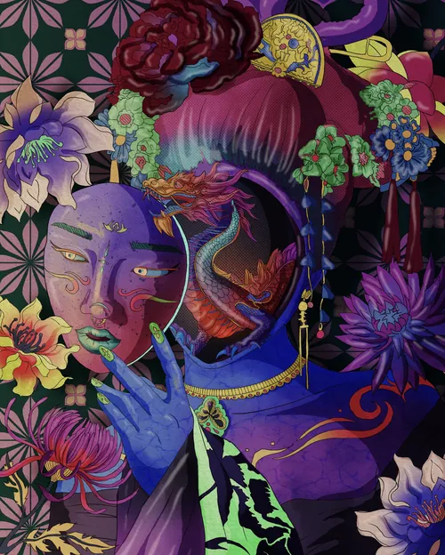 Surreal portrait with dragon and mask, vibrant floral background by Tuhina Sharma