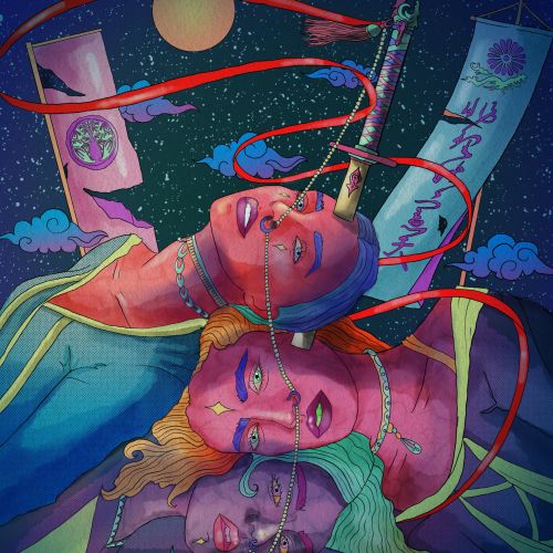 Fantasy artwork showing feminine faces blending under moonlight