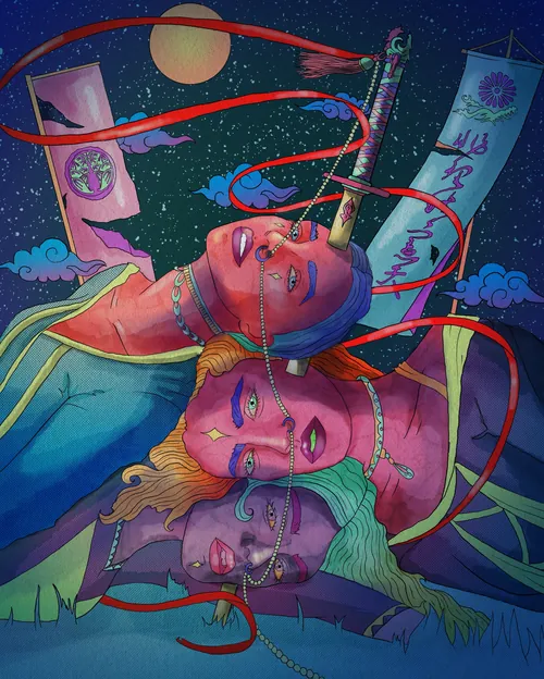 Fantasy artwork showing feminine faces blending under moonlight