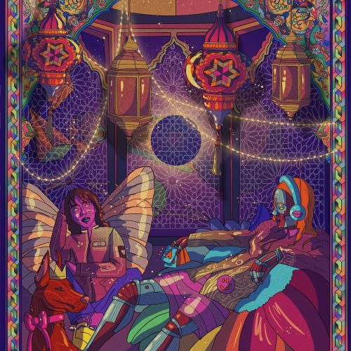 Fantasy scene with winged figures and glowing lanterns