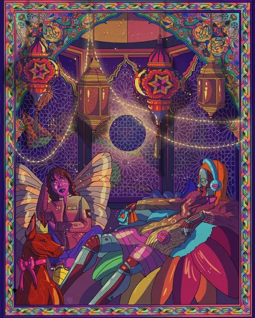 Fantasy scene with winged figures and glowing lanterns
