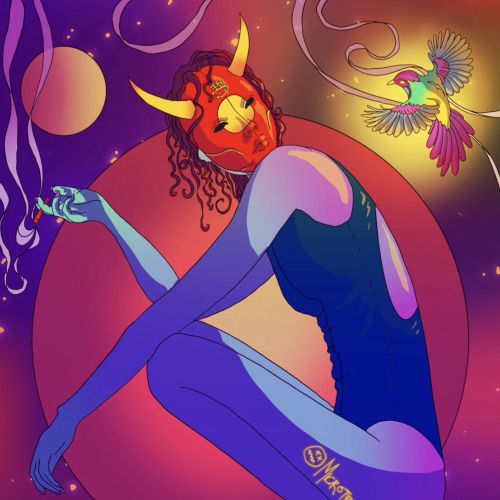 Illustration of masked woman with bird in celestial setting