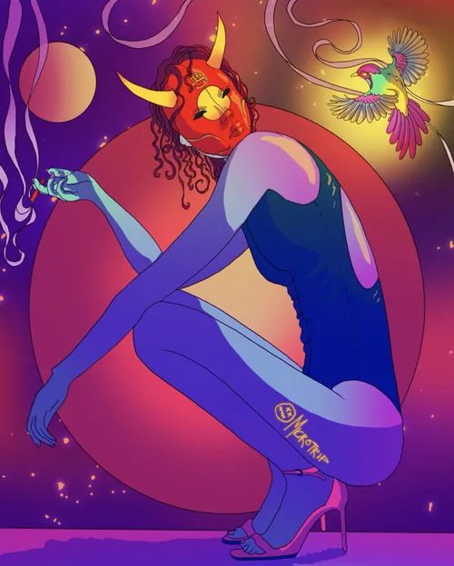 Illustration of masked woman with bird in celestial setting