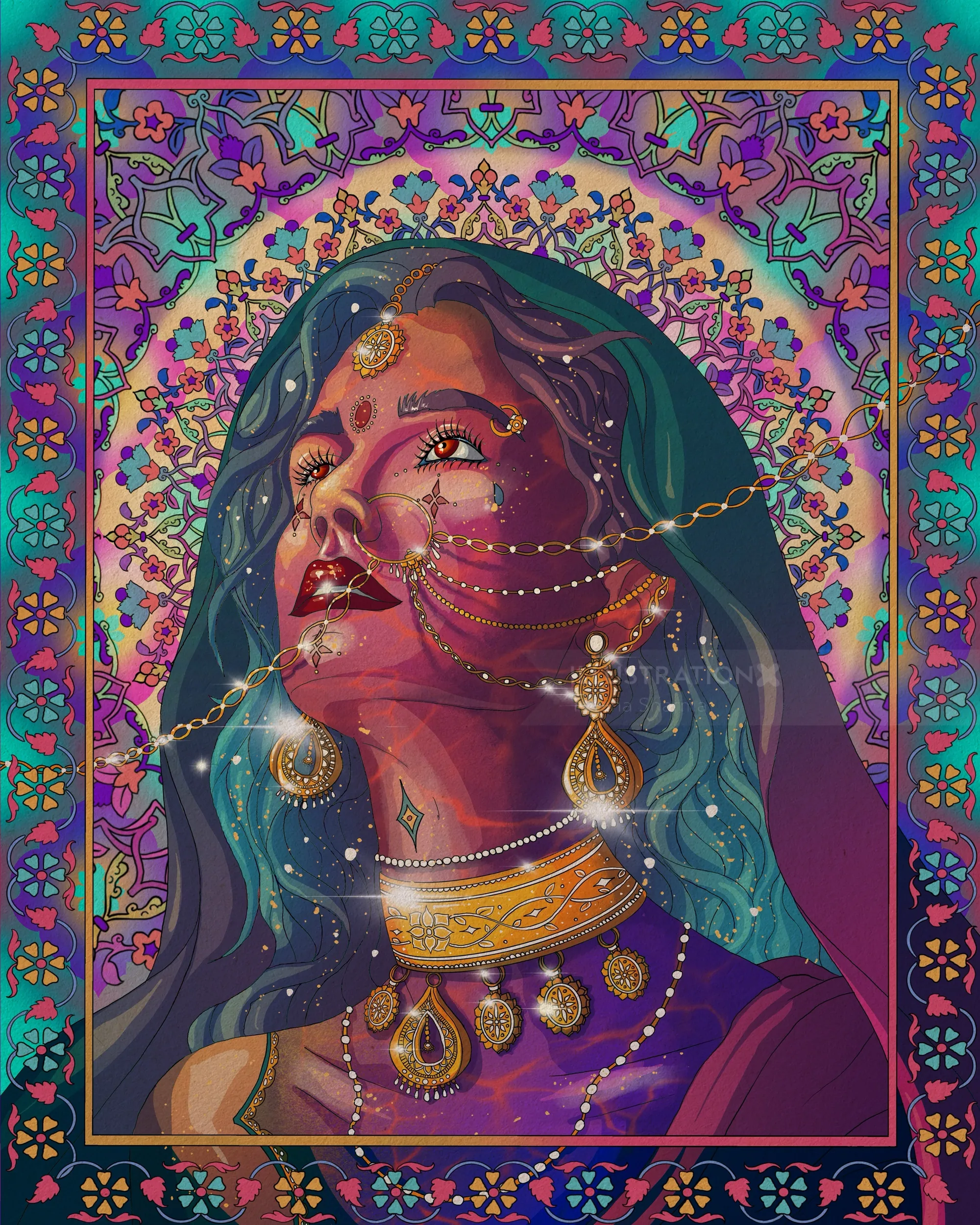 A stunning portrait of a woman adorned in intricate jewelry