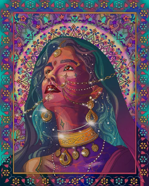 A stunning portrait of a woman adorned in intricate jewelry