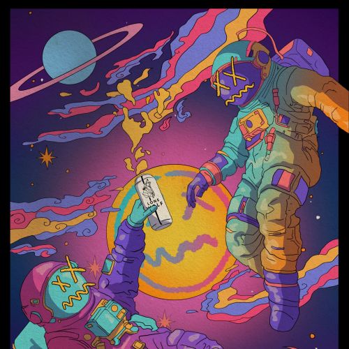 Artwork of astronauts in colorful galaxy environment
