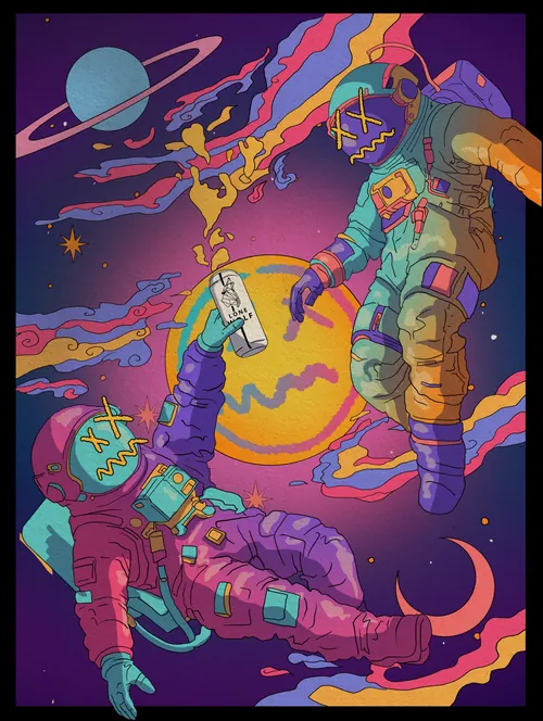 Artwork of astronauts in colorful galaxy environment