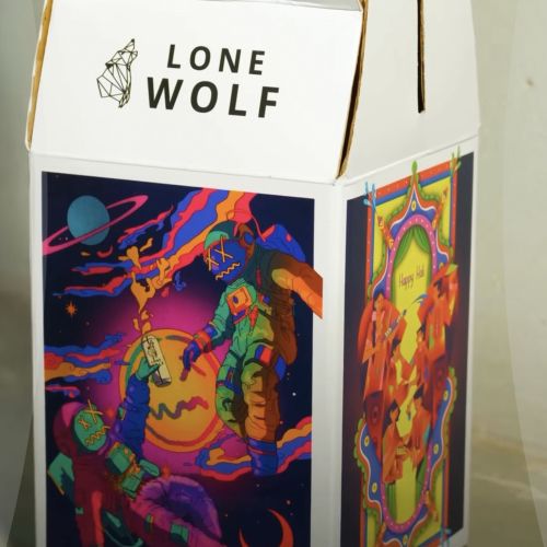White packaging box with psychedelic artwork for Lone Wolf