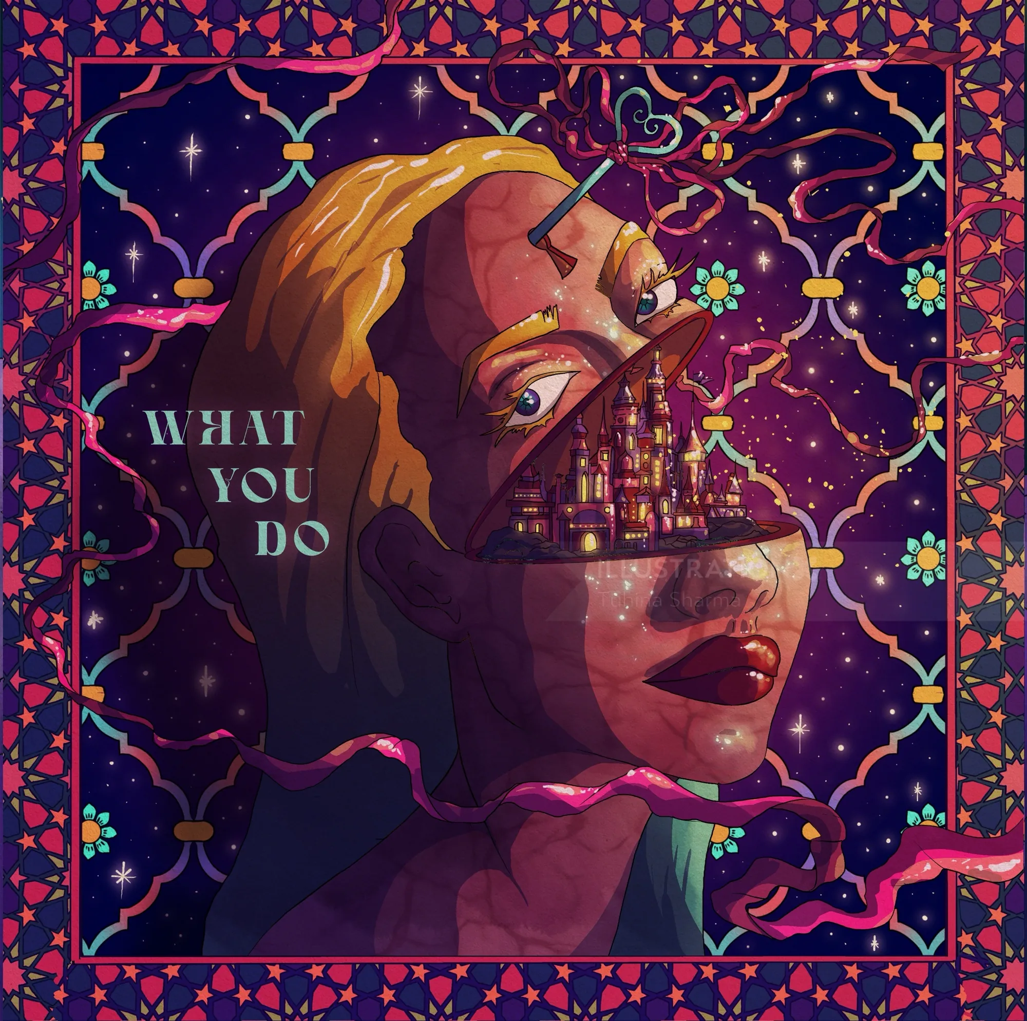 Surreal portrait of a woman with cityscape inside her open face by Tuhina Sharma