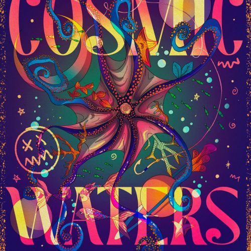 Surreal poster of an octopus swimming among planets by Tuhina Sharma
